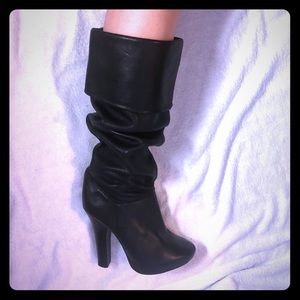 Black leather slouch platform heel boots